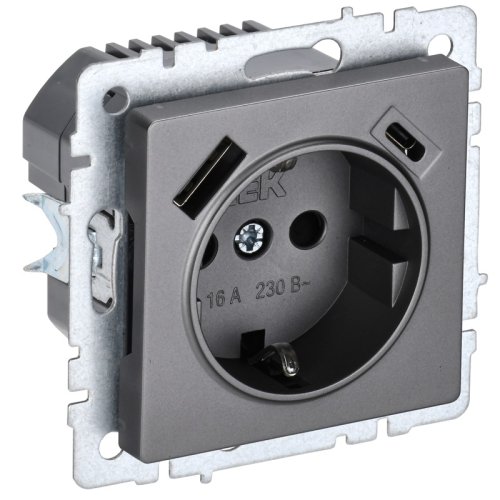 Розетка с заземлением +2xUSB тип A+C без рамки IEK Brite РЮш11-1-БрС 1-м. сталь фото Розетка с заземлением +2xUSB тип A+C без рамки IEK Brite РЮш11-1-БрС 1-м. сталь картинка